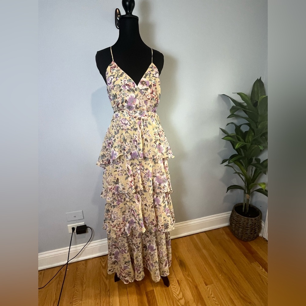 ASTR New Floral Tiered Maxi Dress - Cream and Purple